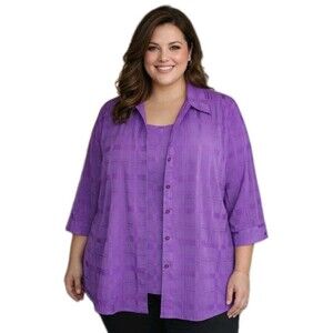 NWT MAGGIE BARNES Womens 3X 2Fer Career Office Button Texture Purple Top Blouse